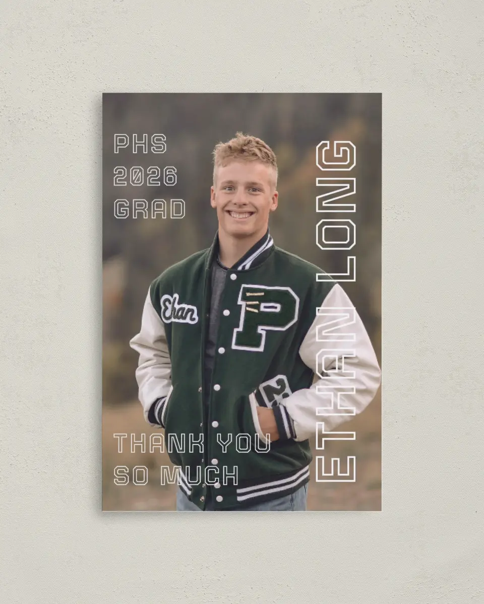This is a 4" x 6" Folded Graduation Thank You Card called Athletic Achievement printed in full color with Silver foil on Luxe Satin (coated) paper