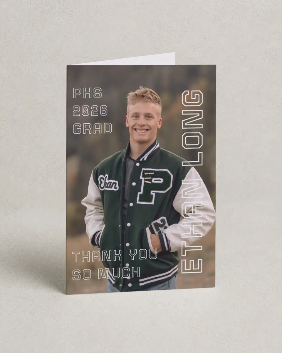 This is a 4" x 6" Folded Graduation Thank You Card called Athletic Achievement printed in full color on Premium Smooth paper