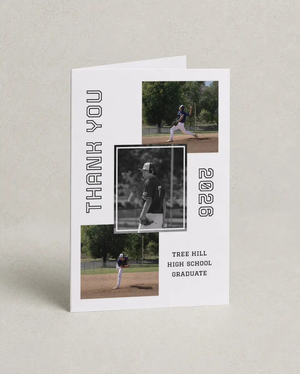 This is a 4" x 6" Folded Graduation Thank You Card called Last Run printed in full color on Premium Smooth paper