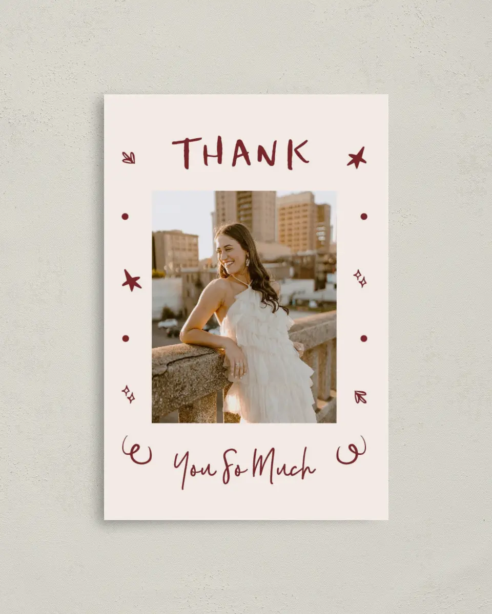 This is a 4" x 6" Folded Graduation Thank You Card called Celebratory Confetti printed in full color with Gold foil on Premium Smooth paper