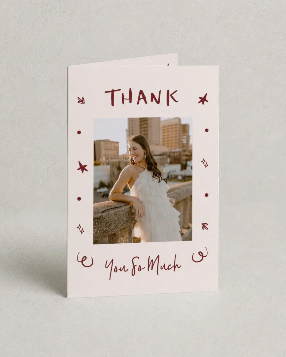 This is a 4" x 6" Folded Graduation Thank You Card called Celebratory Confetti printed in full color with Gold foil on Premium Smooth paper