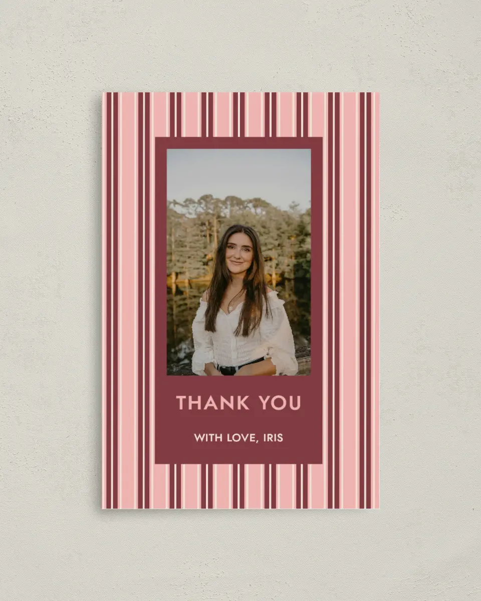 This is a 4" x 6" Folded Graduation Thank You Card called Striped Admiration printed in full color with Gold foil on Premium Smooth paper