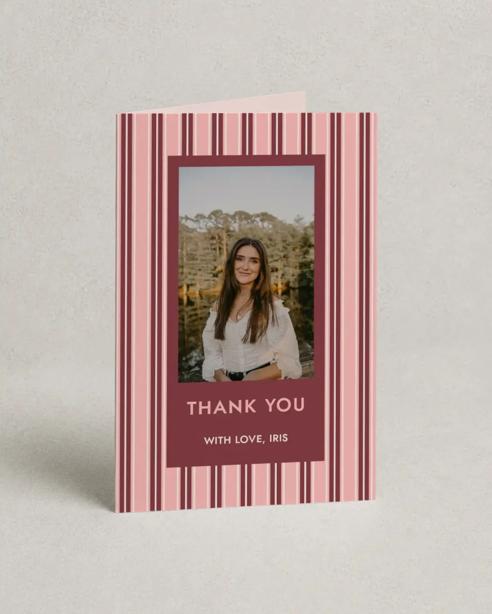 This is a 4" x 6" Folded Graduation Thank You Card called Striped Admiration printed in full color with Rose Gold foil on Luxe Satin (coated) paper