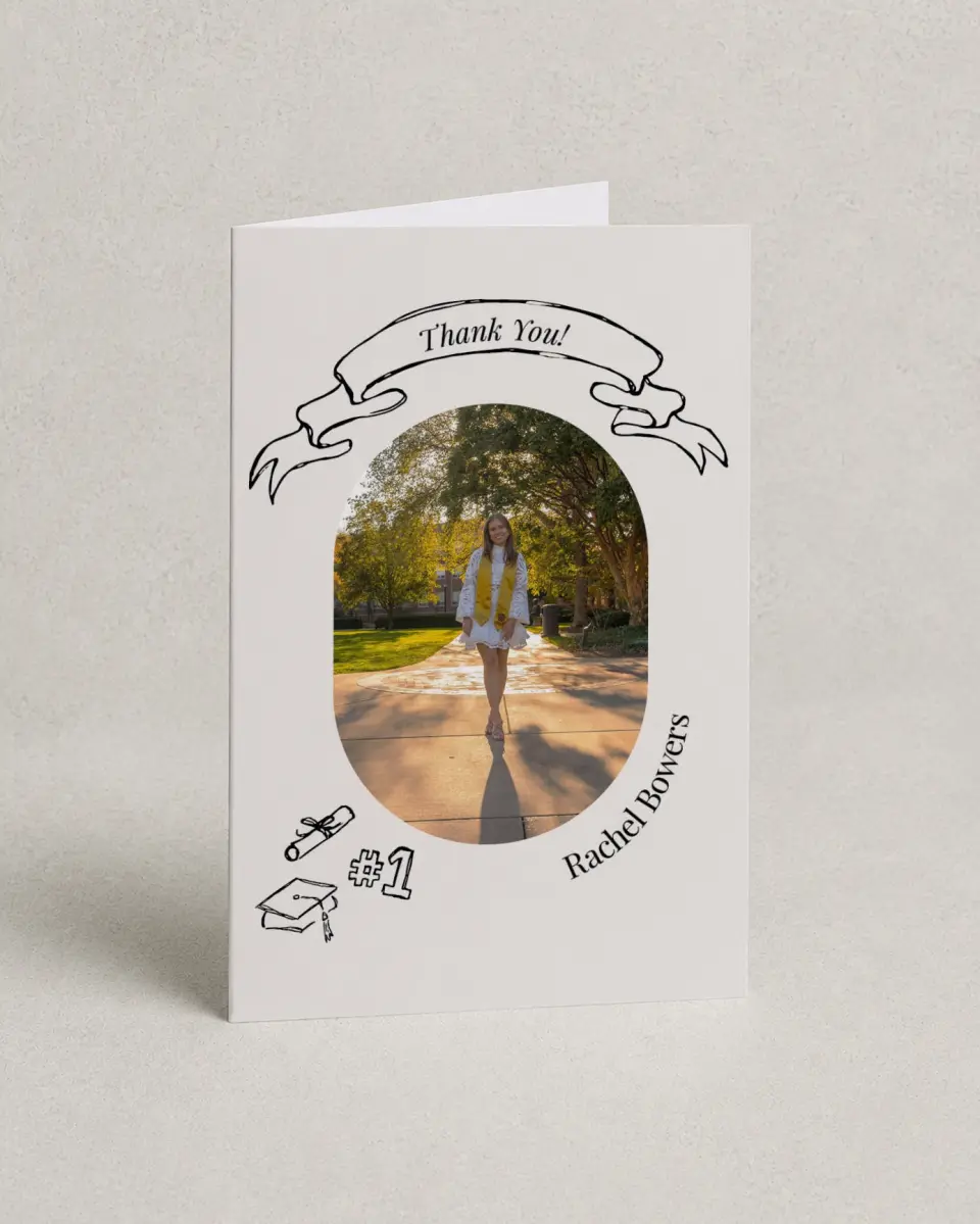 This is a 4" x 6" Folded Graduation Thank You Card called Art of Achievement printed in full color on Premium Smooth paper
