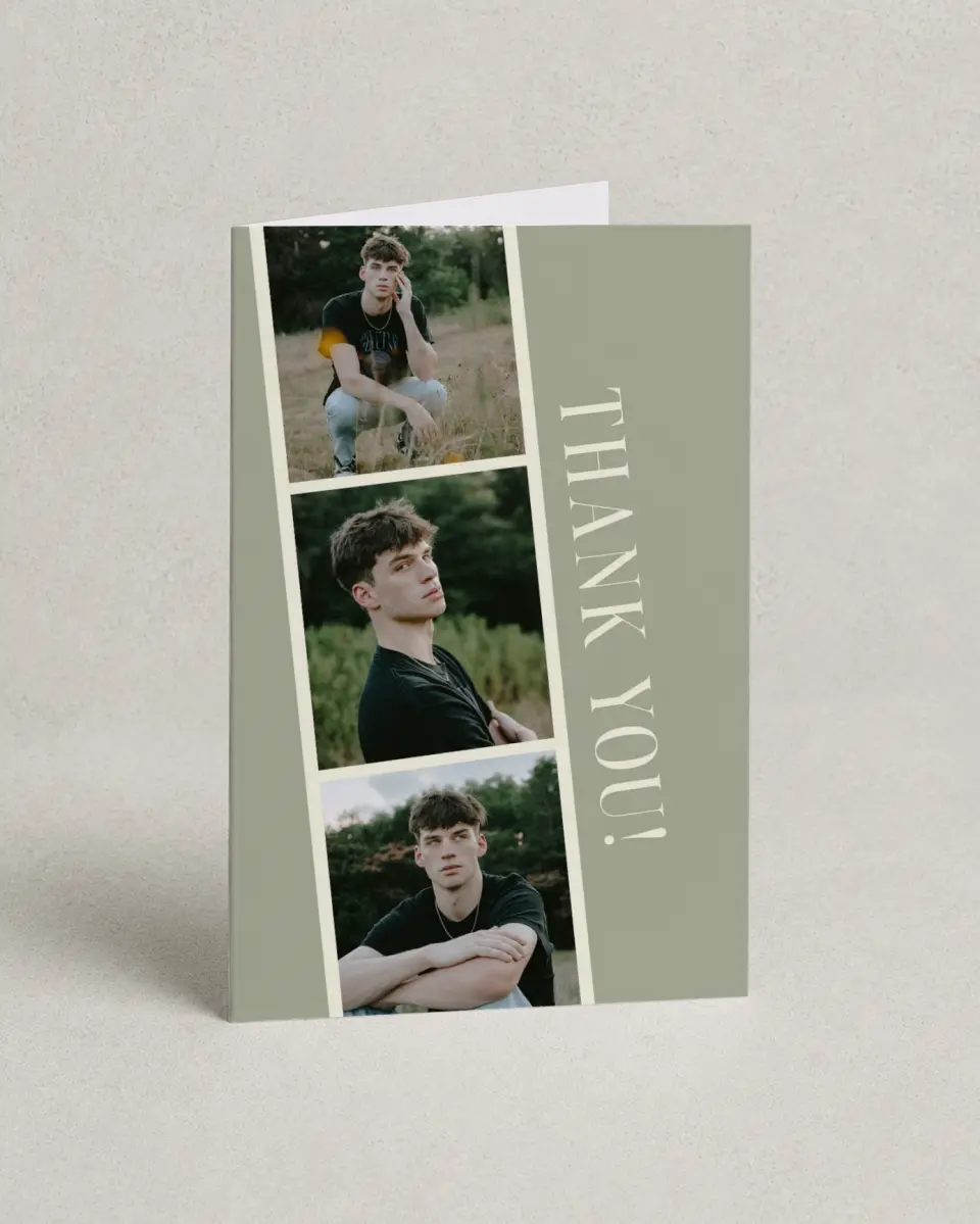 This is a 4" x 6" Folded Graduation Thank You Card called Photo Booth printed in full color on Premium Smooth paper