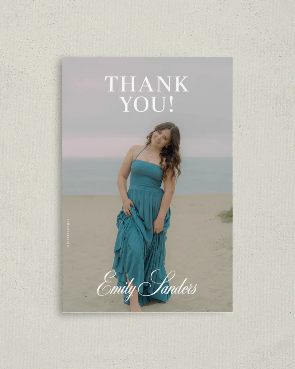 This is a 4" x 6" Folded Graduation Thank You Card called Scholarly Elegance printed in full color with Rose Gold foil on Luxe Satin (coated) paper