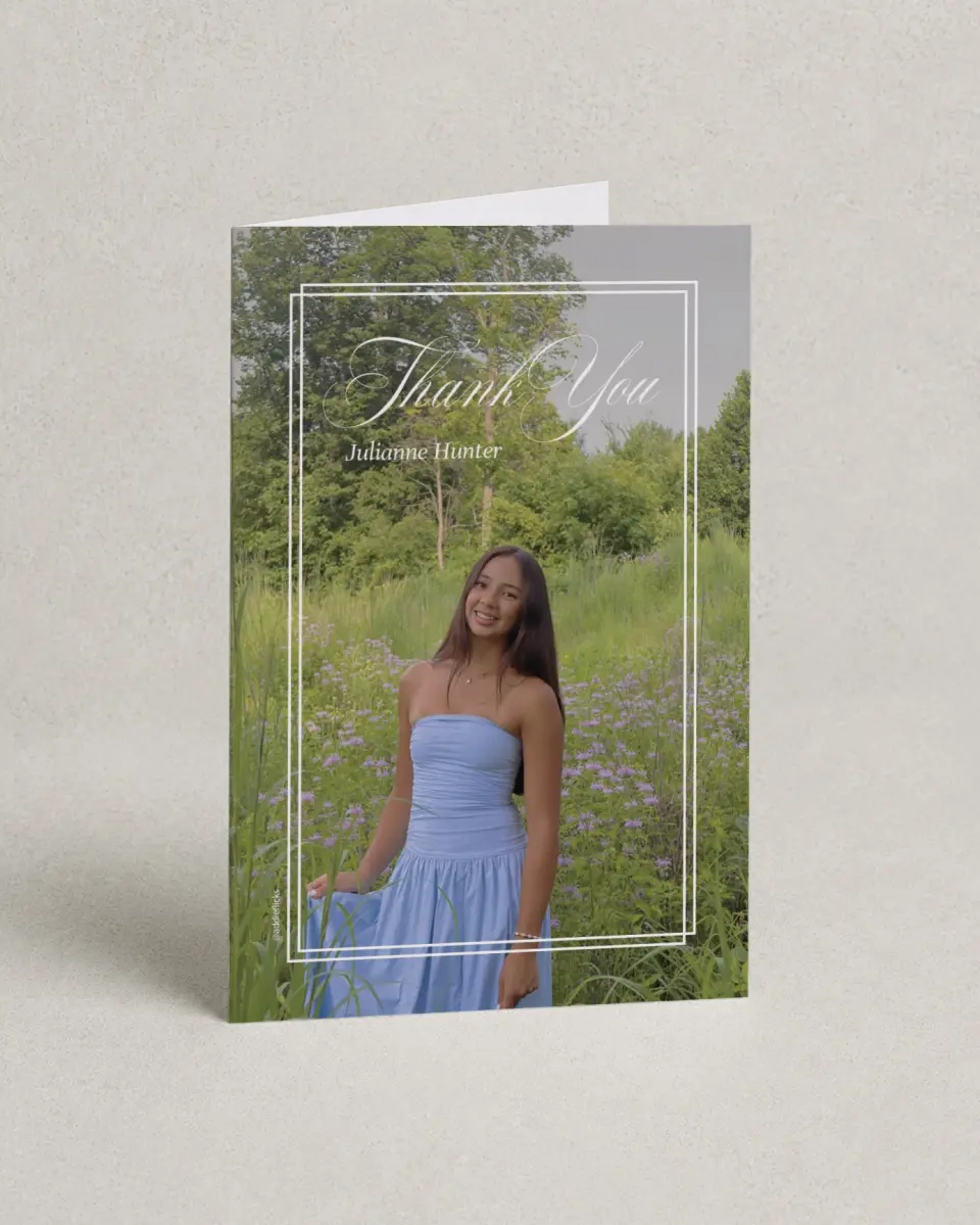 This is a 4" x 6" Folded Graduation Thank You Card called Elegant Grad printed in full color with Rose Gold foil on Luxe Satin (coated) paper