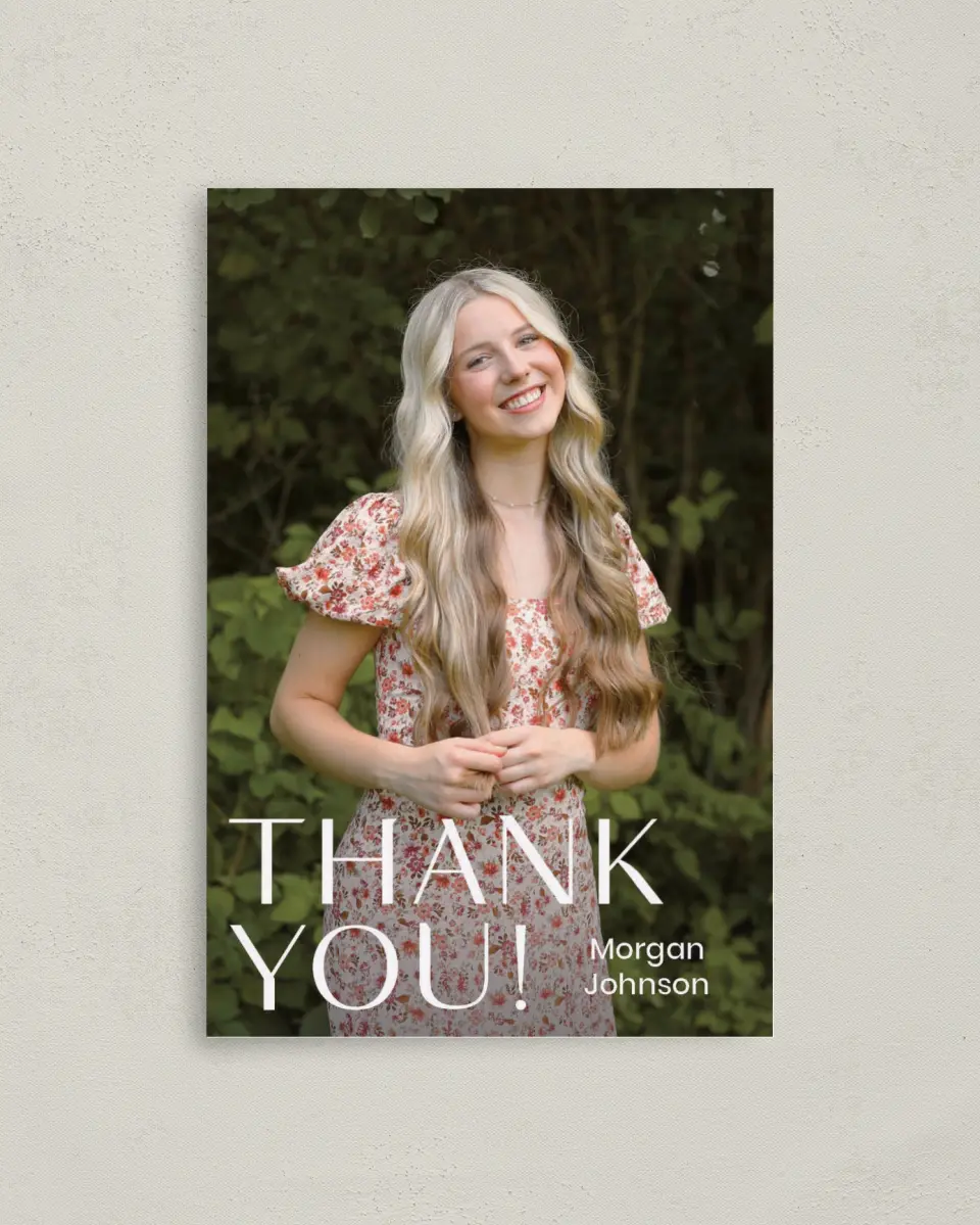 This is a 4" x 6" Folded Graduation Thank You Card called Spotlight Grad printed in full color with Gold foil on Premium Smooth paper