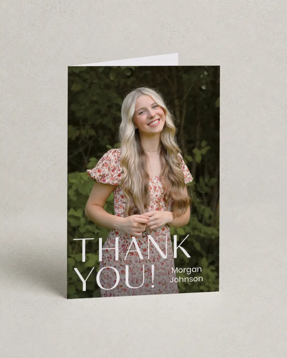 This is a 4" x 6" Folded Graduation Thank You Card called Spotlight Grad printed in full color with Gold foil on Premium Smooth paper