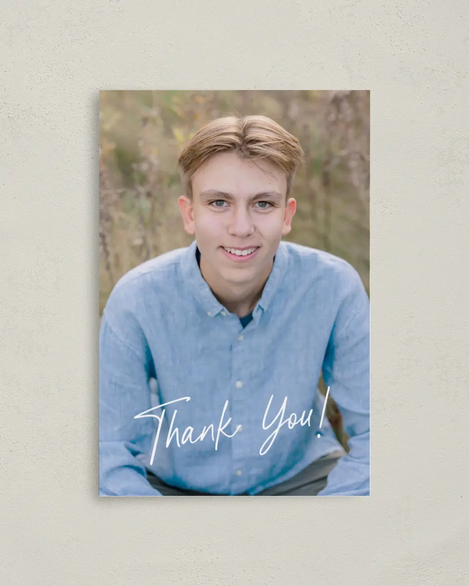 This is a 4" x 6" Folded Graduation Thank You Card called Simple Grad printed in full color with Rose Gold foil on Luxe Satin (coated) paper
