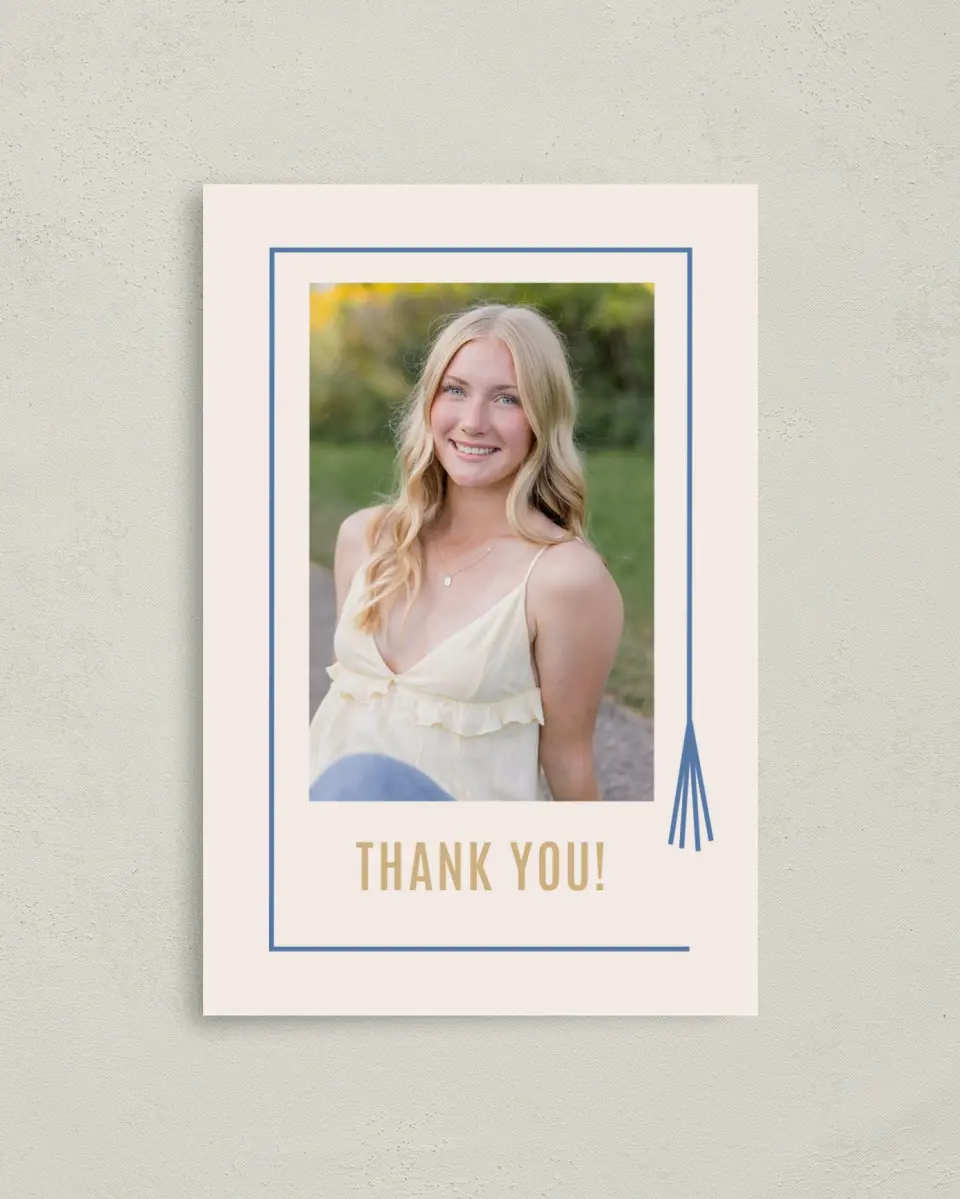 This is a 4" x 6" Folded Graduation Thank You Card called Turning Tassels printed in full color with Silver foil on Luxe Satin (coated) paper