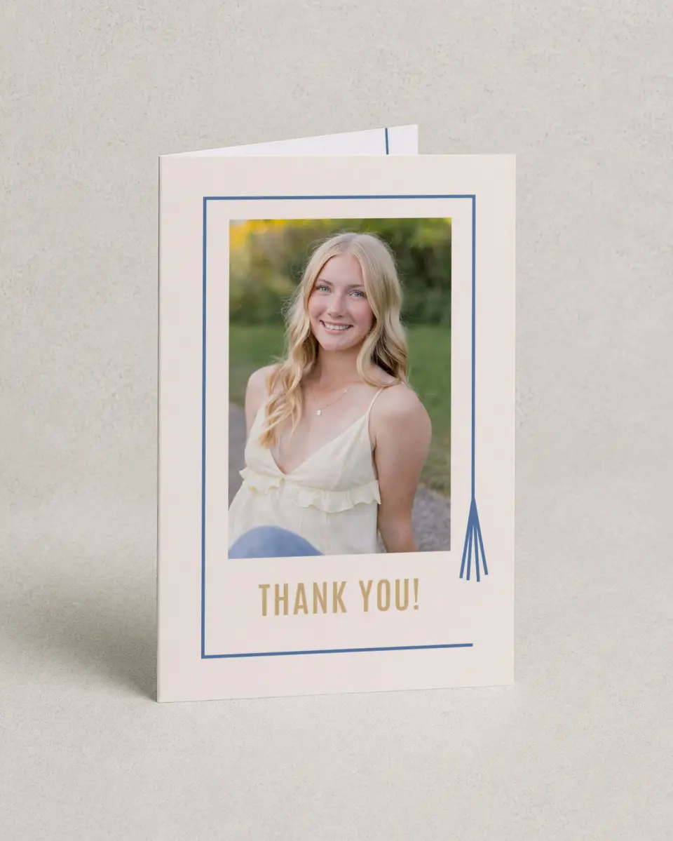 This is a 4" x 6" Folded Graduation Thank You Card called Turning Tassels printed in full color with Gold foil on Premium Smooth paper