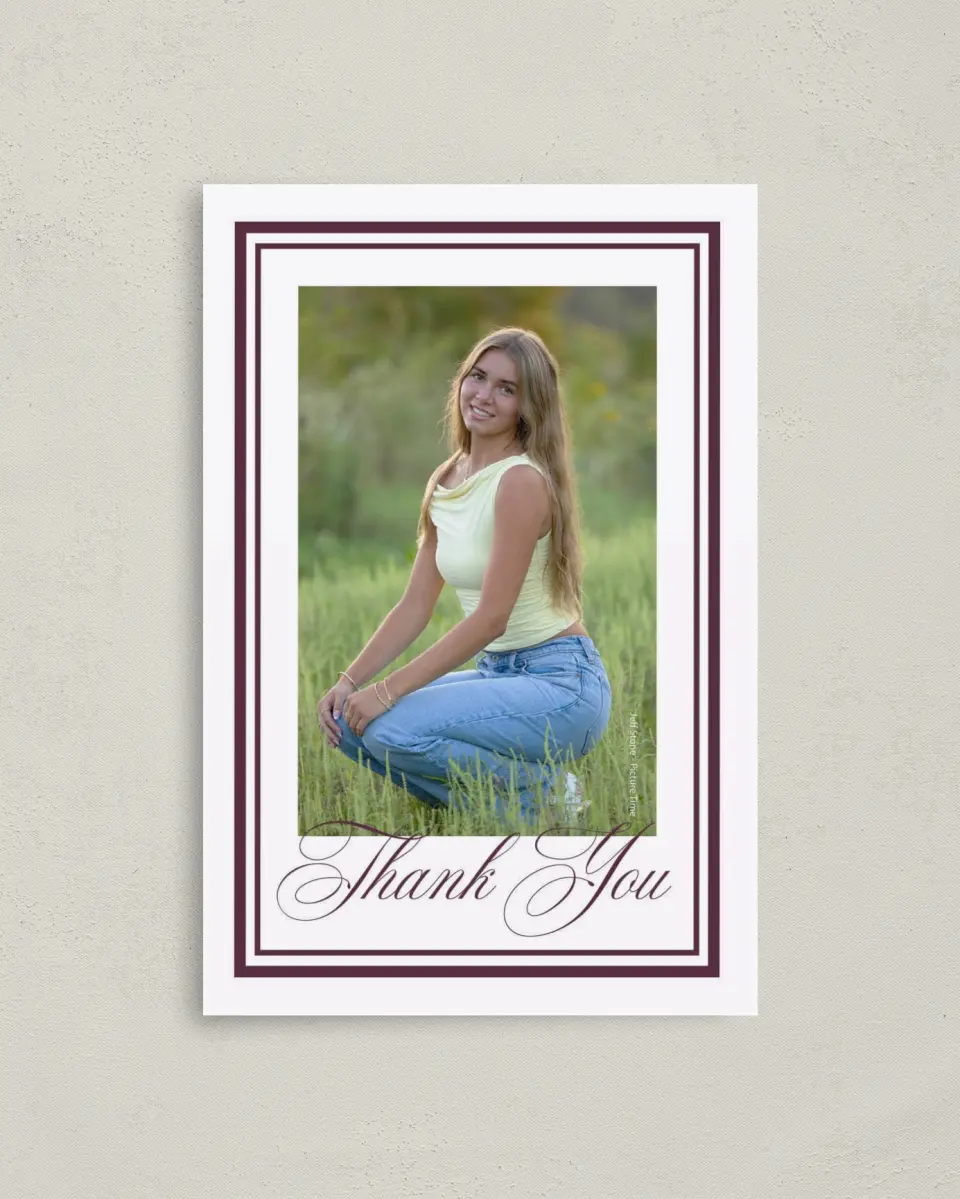 This is a 4" x 6" Folded Graduation Thank You Card called Timeless Frame printed in full color with Gold foil on Luxe Satin (coated) paper