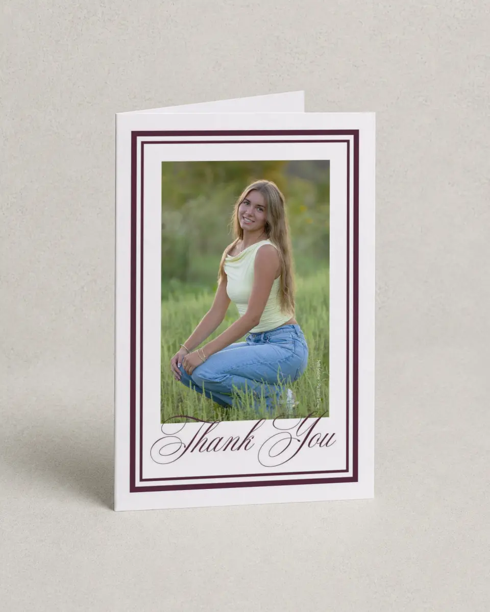 This is a 4" x 6" Folded Graduation Thank You Card called Timeless Frame printed in full color on Premium Smooth paper