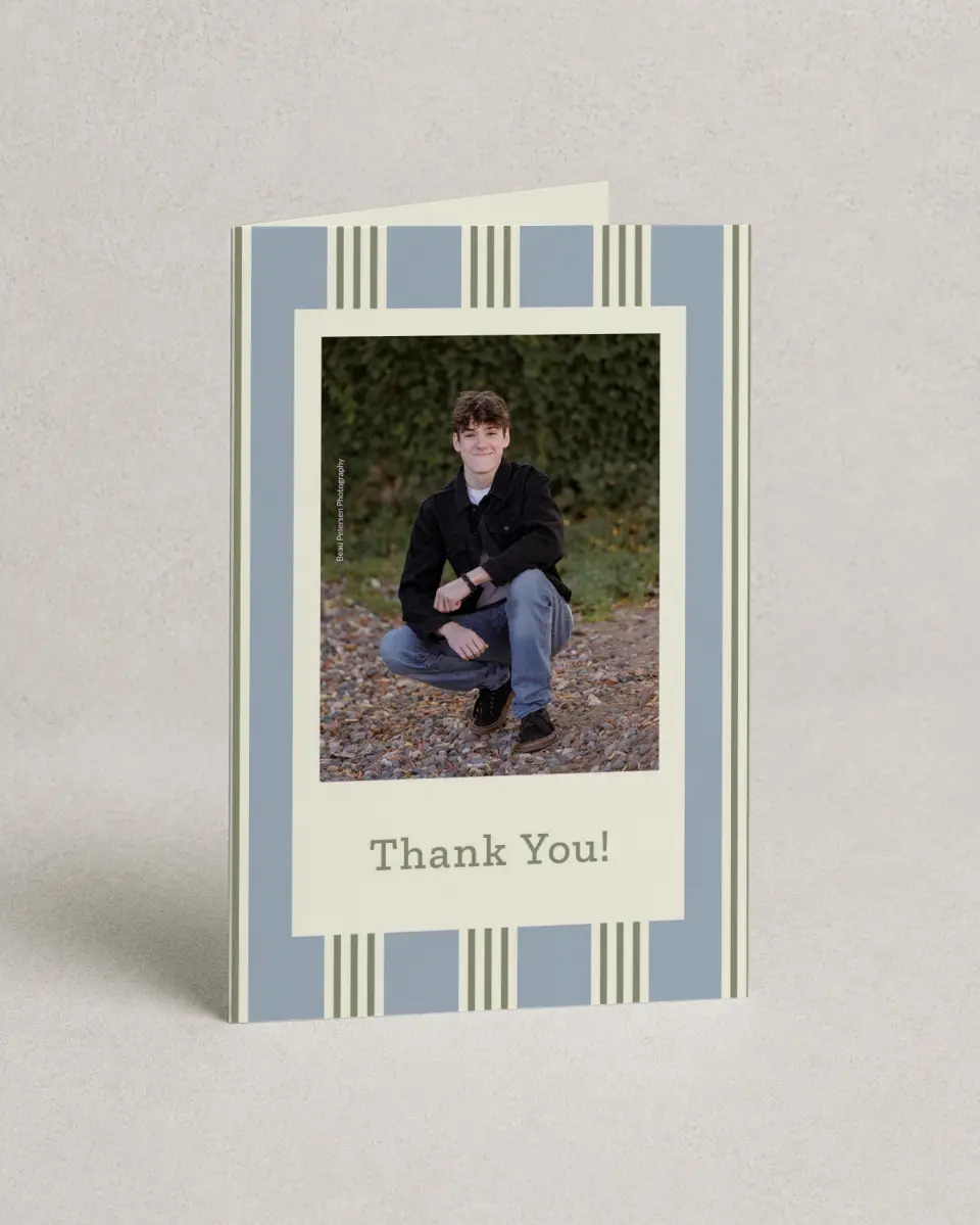 This is a 4" x 6" Folded Graduation Thank You Card called Framed in Excellence printed in full color with Rose Gold foil on Luxe Satin (coated) paper