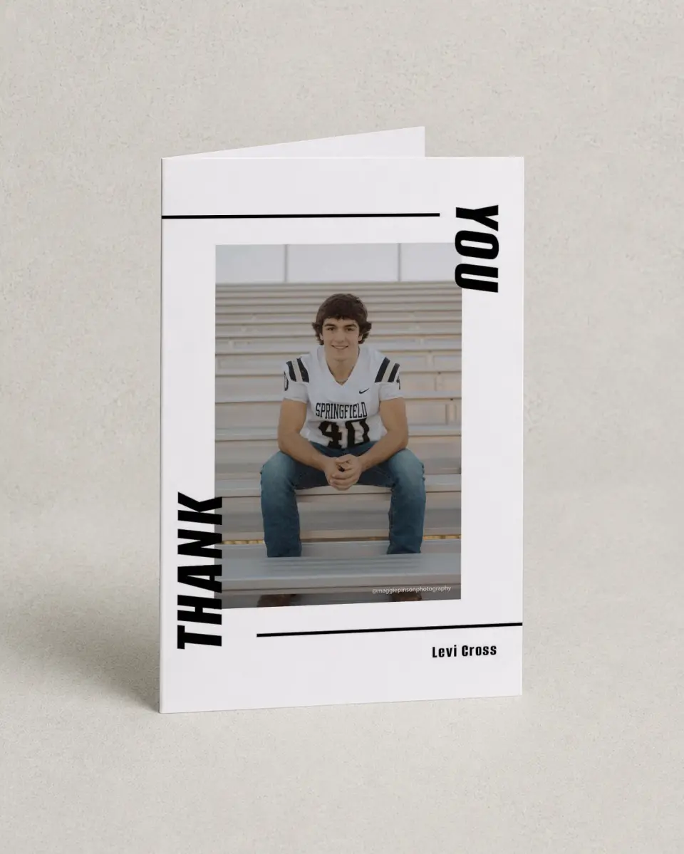 This is a 4" x 6" Folded Graduation Thank You Card called Go Long printed in full color on Premium Smooth paper
