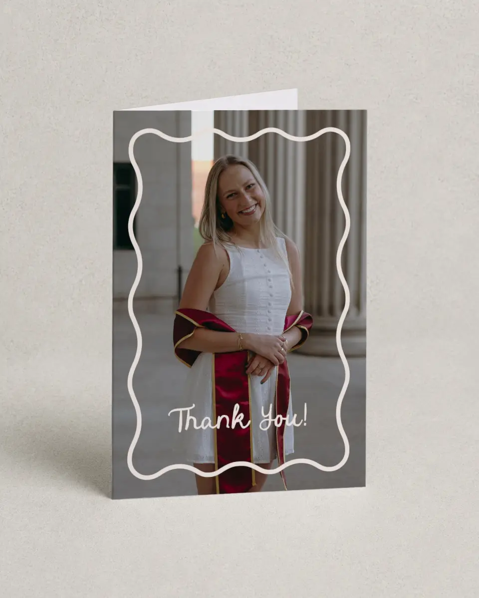 This is a 4" x 6" Folded Graduation Thank You Card called Walking the Stage printed in full color on Premium Smooth paper