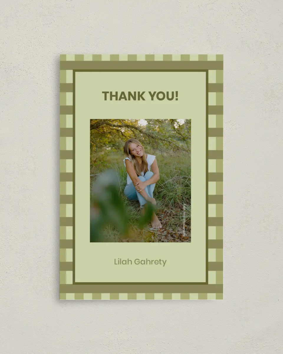 This is a 4" x 6" Folded Graduation Thank You Card called Ivy Bound printed in full color with Rose Gold foil on Luxe Satin (coated) paper
