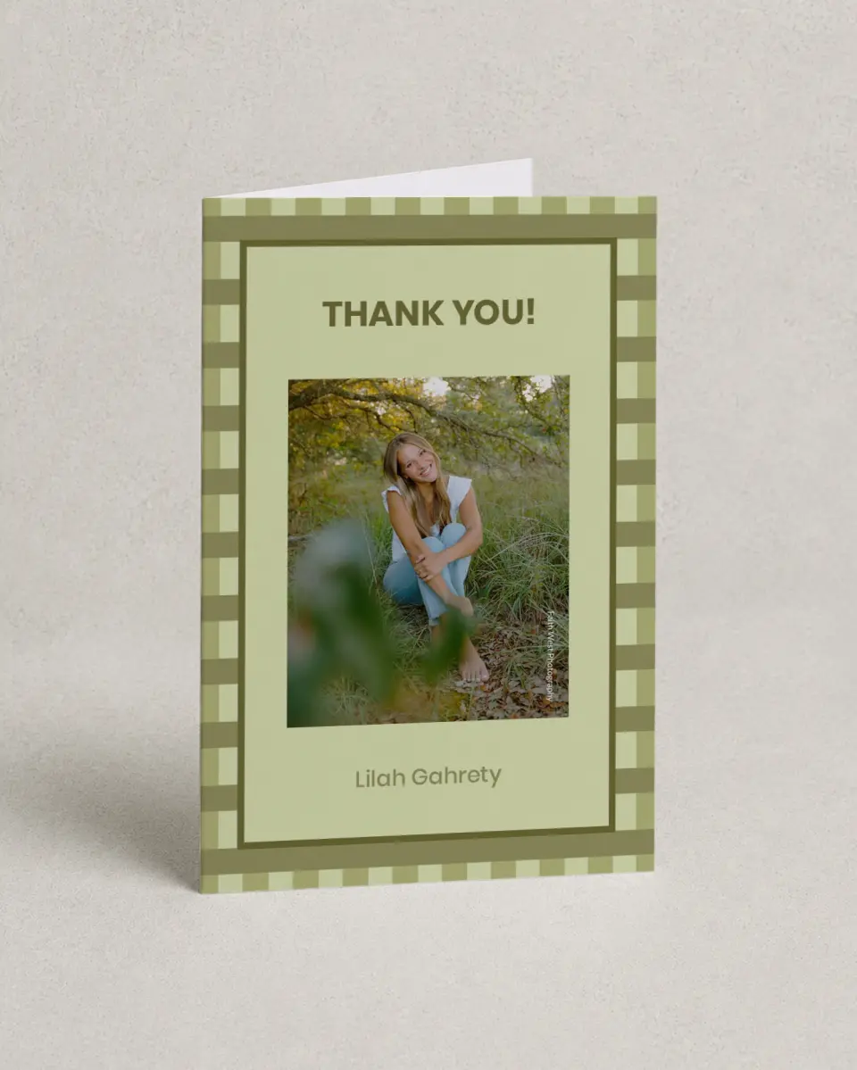 This is a 4" x 6" Folded Graduation Thank You Card called Ivy Bound printed in full color with Rose Gold foil on Luxe Satin (coated) paper
