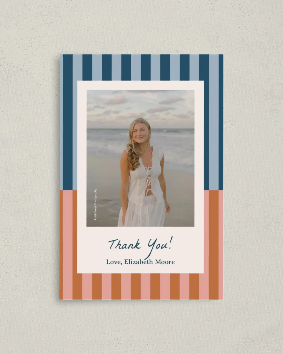 This is a 4" x 6" Folded Graduation Thank You Card called Scholarly Stripes printed in full color with Rose Gold foil on Luxe Satin (coated) paper
