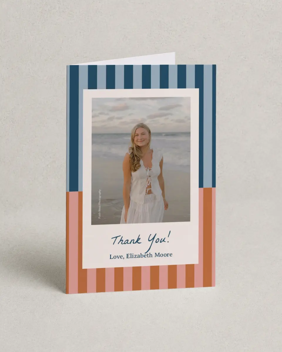 This is a 4" x 6" Folded Graduation Thank You Card called Scholarly Stripes printed in full color with Rose Gold foil on Luxe Satin (coated) paper