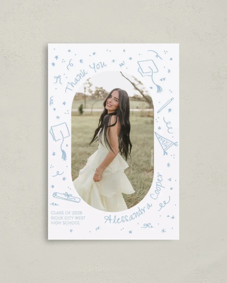 This is a 4" x 6" Folded Graduation Thank You Card called Doodles in the Margin printed in full color on Premium Smooth paper