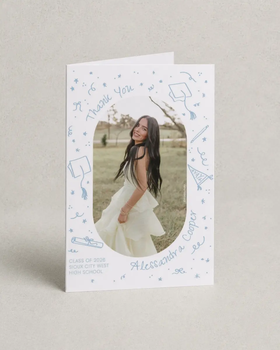 This is a 4" x 6" Folded Graduation Thank You Card called Doodles in the Margin printed in full color on Premium Smooth paper