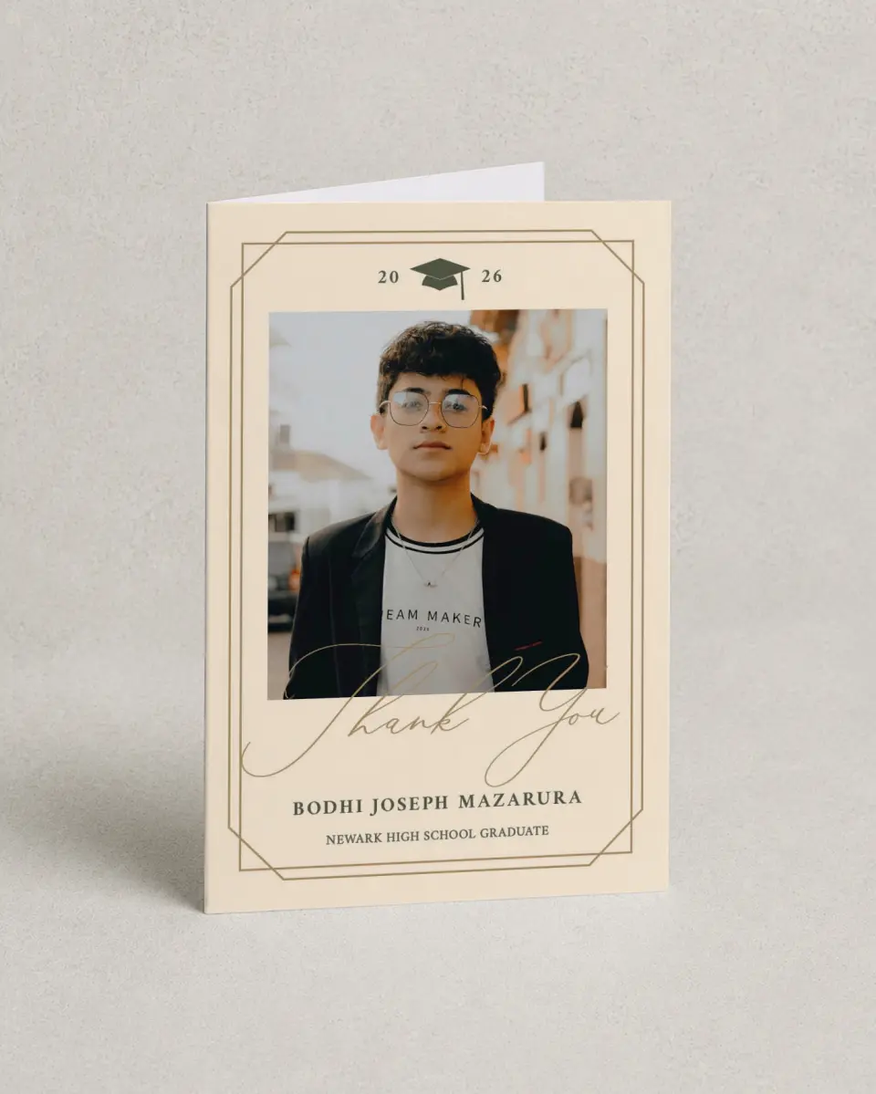 This is a 4" x 6" Folded Graduation Thank You Card called Mature Minimalist printed in full color on Premium Smooth paper