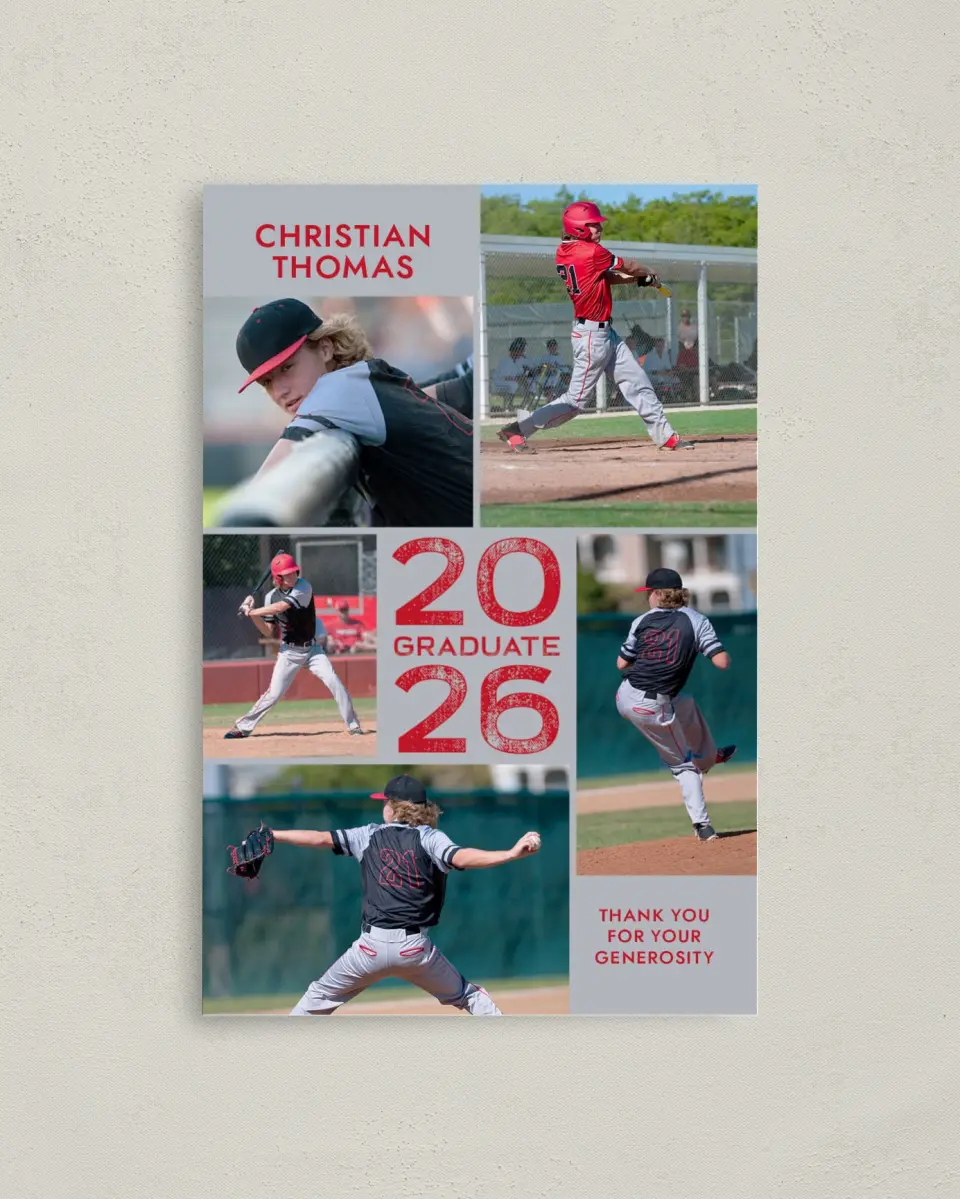 This is a 4" x 6" Folded Graduation Thank You Card called Big Hitter printed in full color on Premium Smooth paper