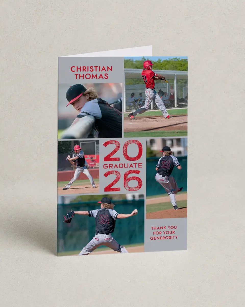 This is a 4" x 6" Folded Graduation Thank You Card called Big Hitter printed in full color on Premium Smooth paper