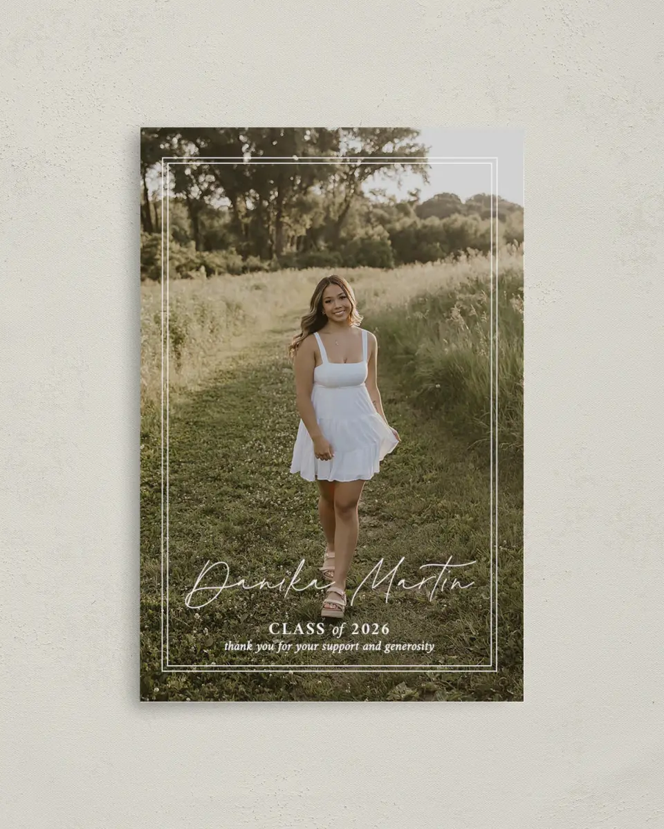 This is a 4" x 6" Folded Graduation Thank You Card called Monumental Moment printed in full color with Rose Gold foil on Luxe Satin (coated) paper