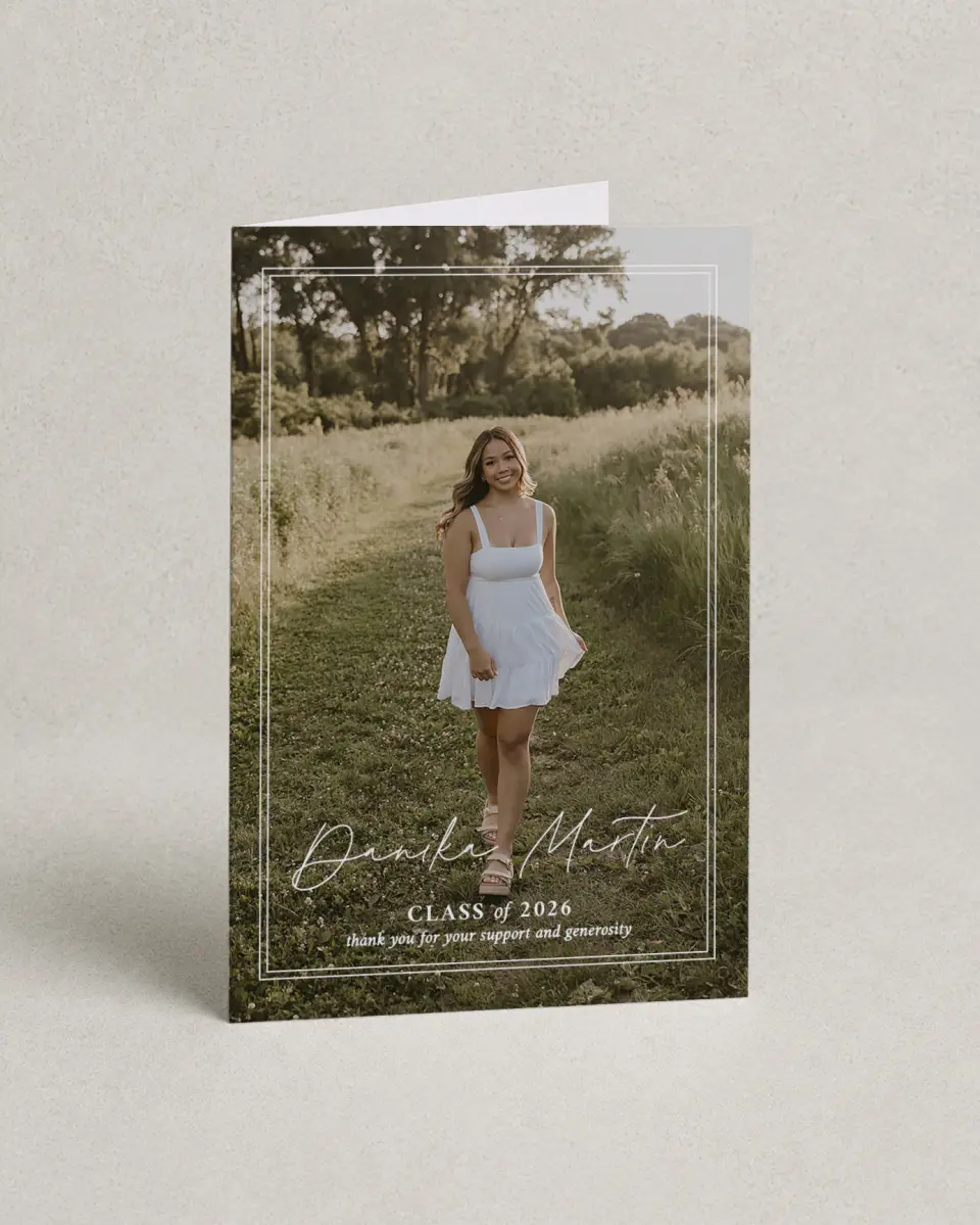 This is a 4" x 6" Folded Graduation Thank You Card called Monumental Moment printed in full color with Rose Gold foil on Luxe Satin (coated) paper