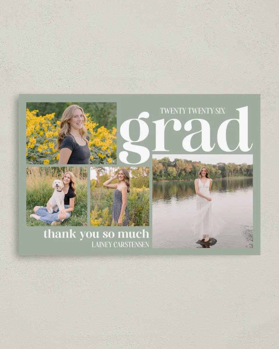 This is a 4" x 6" Folded Graduation Thank You Card called Sweet Smiles printed in full color on Premium Smooth paper