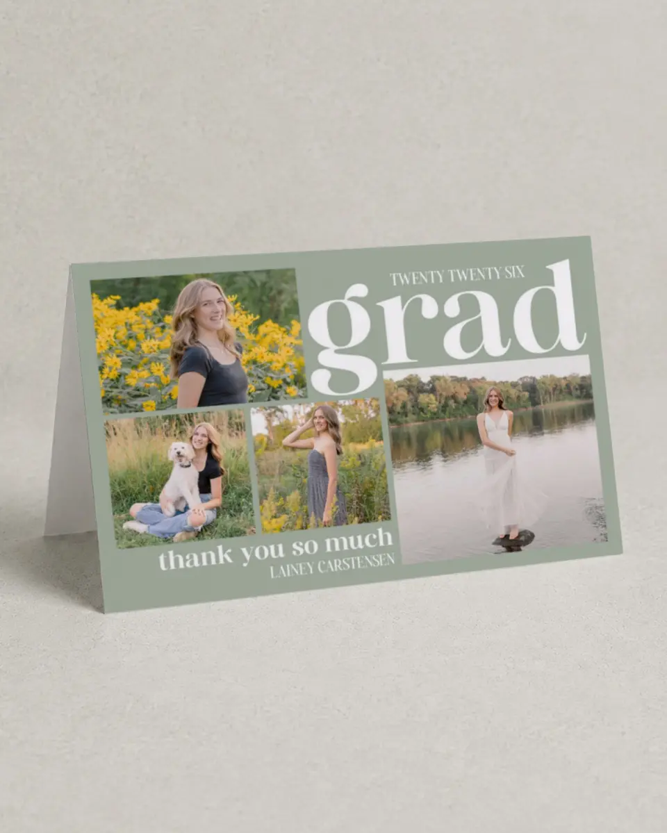 This is a 4" x 6" Folded Graduation Thank You Card called Sweet Smiles printed in full color with Rose Gold foil on Luxe Satin (coated) paper