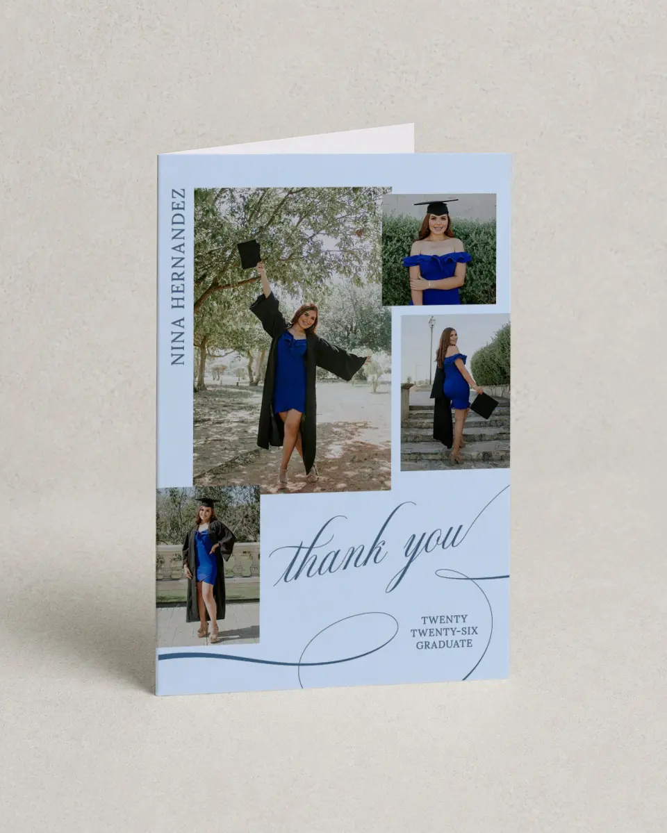 This is a 4" x 6" Folded Graduation Thank You Card called The End of an Era printed in full color on Premium Smooth paper