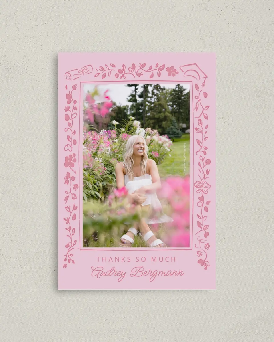 This is a 4" x 6" Folded Graduation Thank You Card called Happily in Bloom printed in full color with Rose Gold foil on Luxe Satin (coated) paper