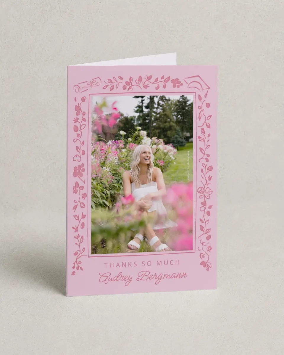 This is a 4" x 6" Folded Graduation Thank You Card called Happily in Bloom printed in full color with Gold foil on Premium Smooth paper