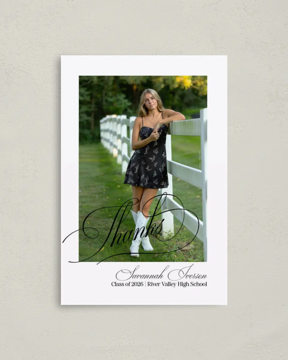 This is a 4" x 6" Folded Graduation Thank You Card called Smart & Classy printed in full color with Rose Gold foil on Luxe Satin (coated) paper