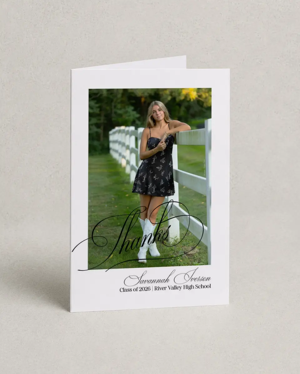 This is a 4" x 6" Folded Graduation Thank You Card called Smart & Classy printed in full color on Premium Smooth paper