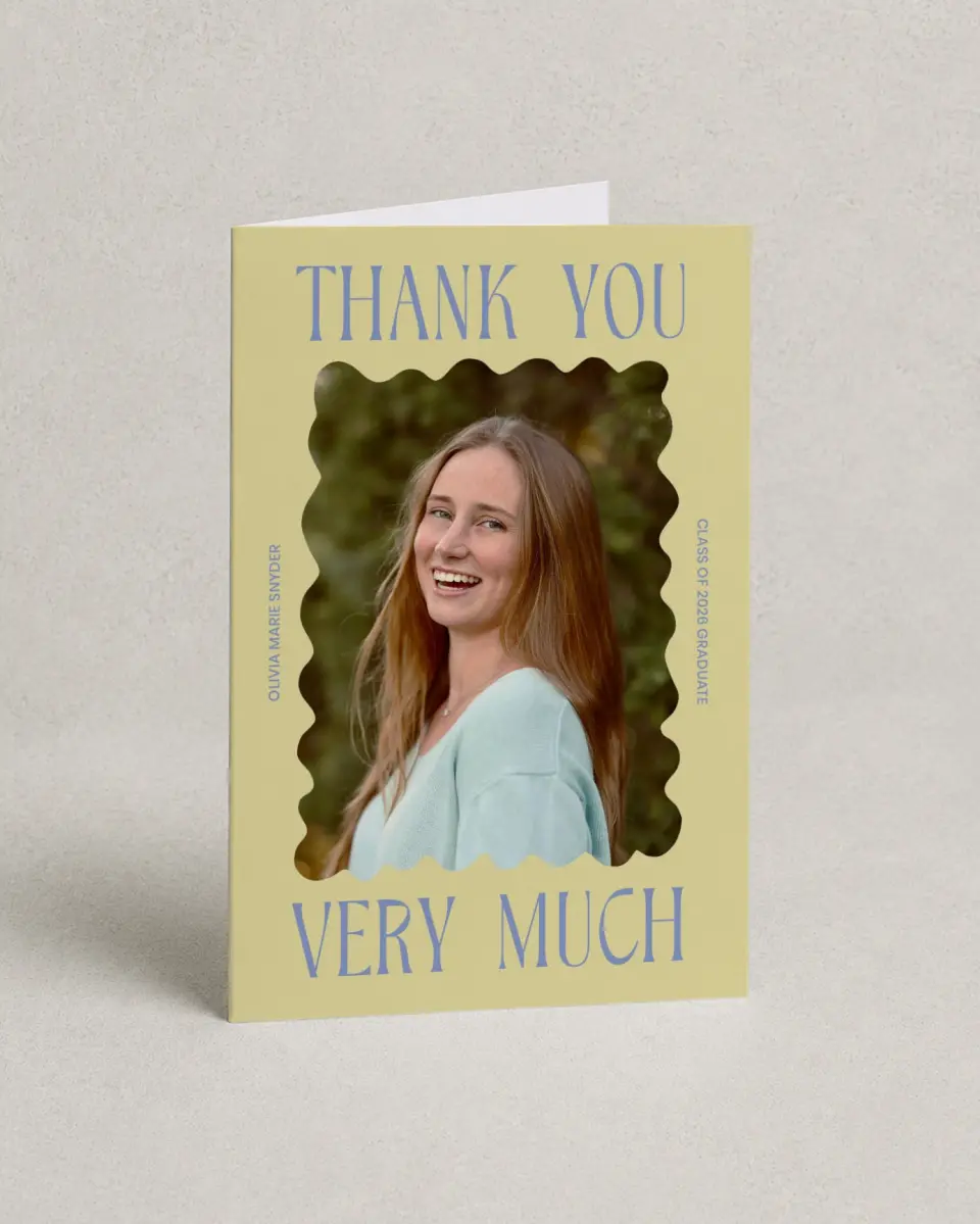 This is a 4" x 6" Folded Graduation Thank You Card called Funky Colorful Cute printed in full color on Premium Smooth paper