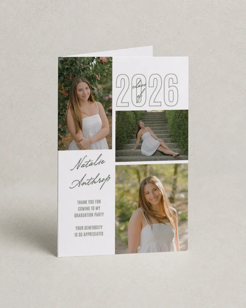 This is a 4" x 6" Folded Graduation Thank You Card called Shining Brilliance printed in full color with Gold foil on Premium Smooth paper