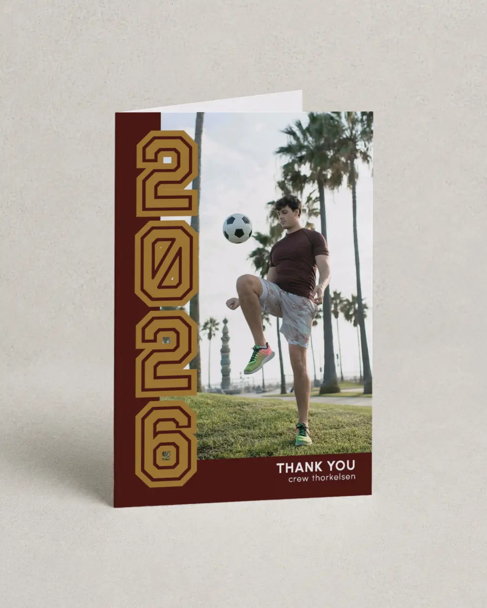 This is a 4" x 6" Folded Graduation Thank You Card called Competitive Nature printed in full color with Rose Gold foil on Luxe Satin (coated) paper