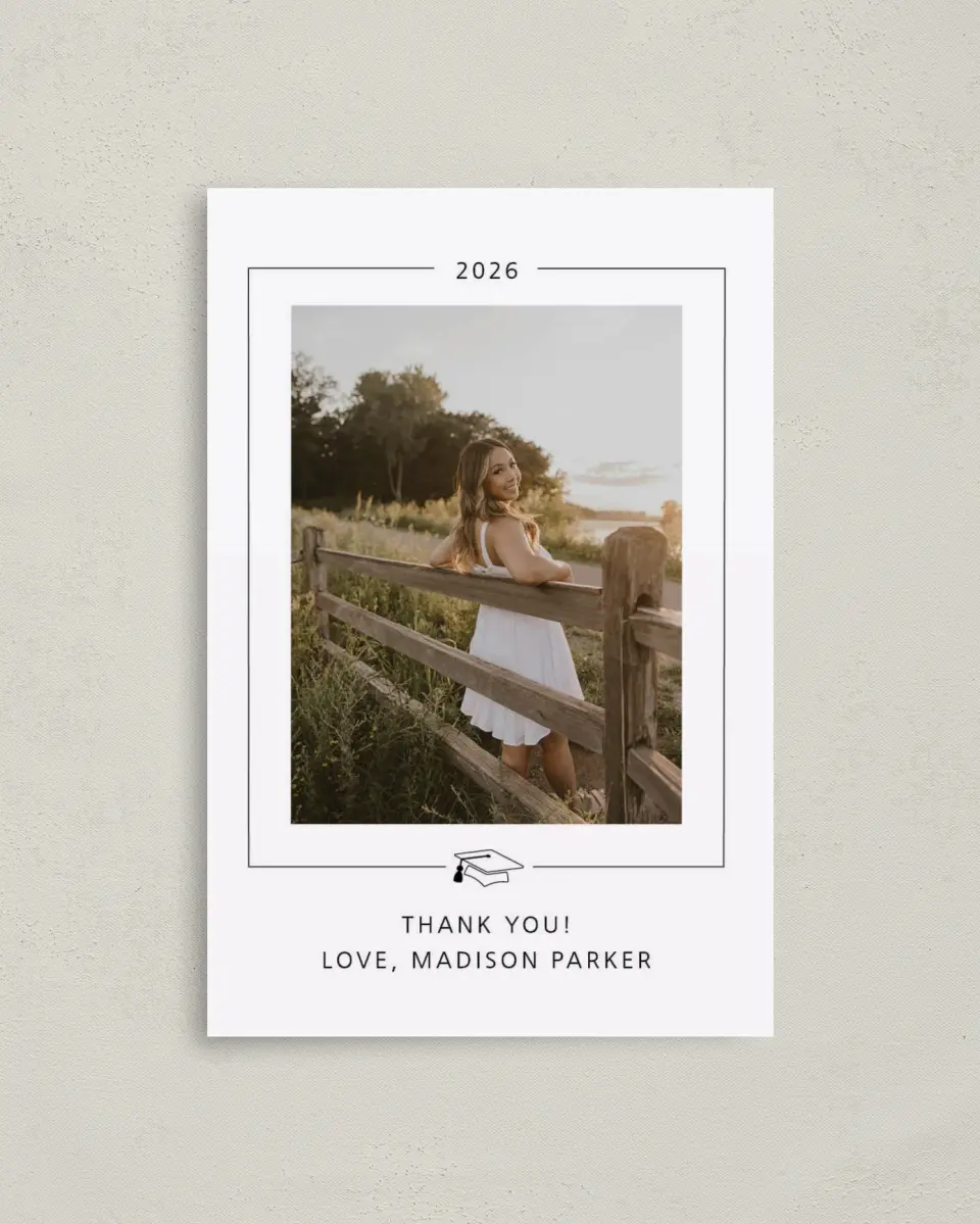This is a 4" x 6" Folded Graduation Thank You Card called Modern Grad printed in full color with Gold foil on Premium Smooth paper