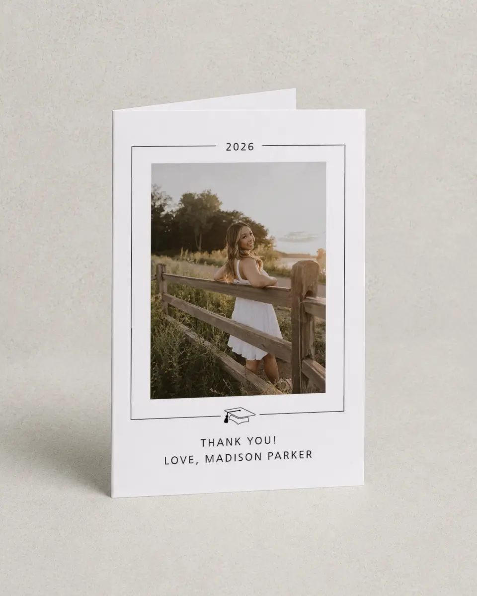 This is a 4" x 6" Folded Graduation Thank You Card called Modern Grad printed in full color with Gold foil on Premium Smooth paper