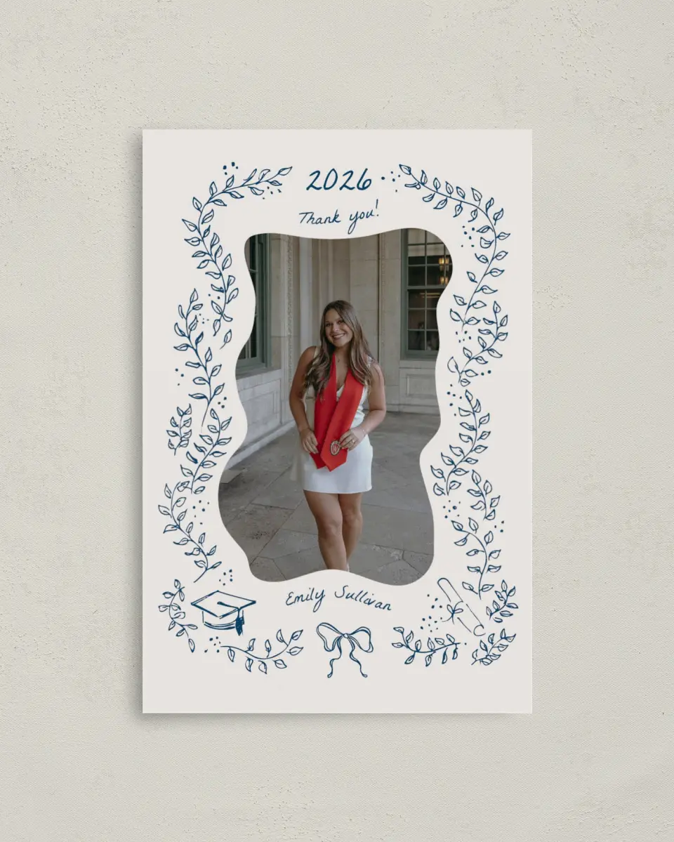 This is a 4" x 6" Folded Graduation Thank You Card called Whimsical Grad printed in full color with Gold foil on Premium Smooth paper