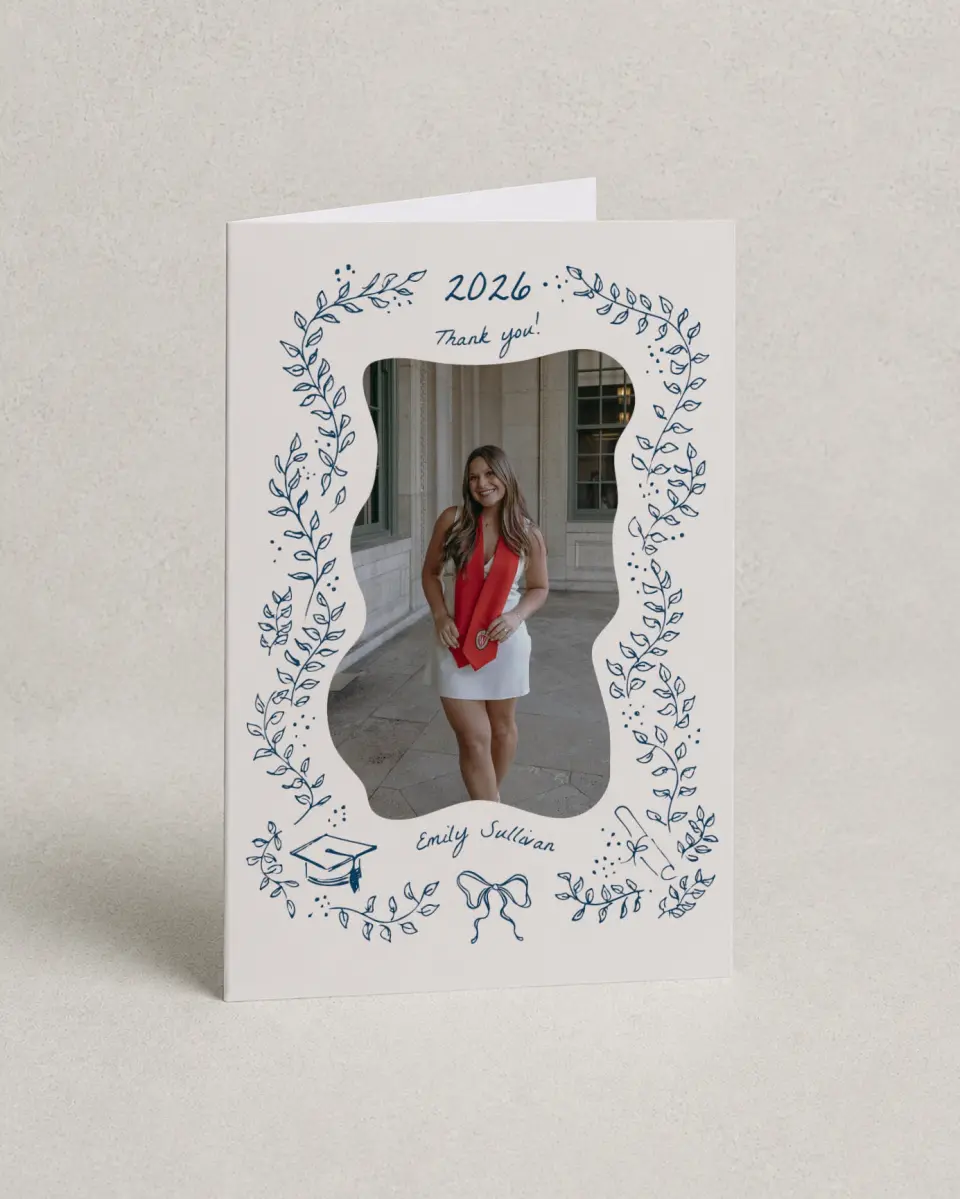 This is a 4" x 6" Folded Graduation Thank You Card called Whimsical Grad printed in full color with Gold foil on Premium Smooth paper