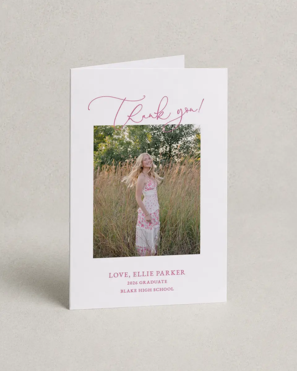 This is a 4" x 6" Folded Graduation Thank You Card called Script Grad printed in full color on Premium Smooth paper