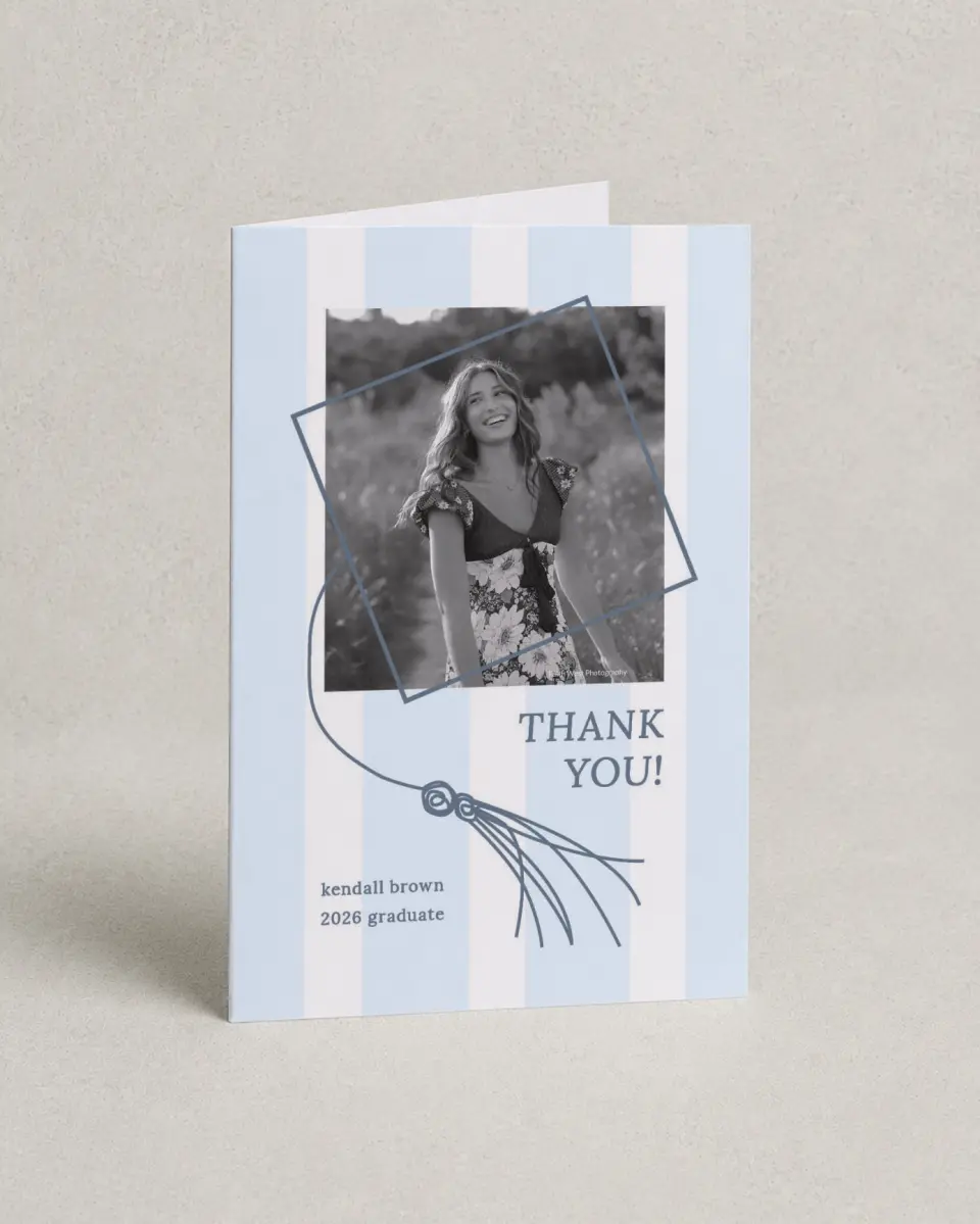 This is a 4" x 6" Folded Graduation Thank You Card called Graduation Art printed in full color with Rose Gold foil on Luxe Satin (coated) paper
