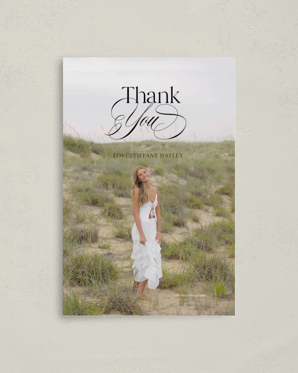 This is a 4" x 6" Folded Graduation Thank You Card called Graduate Script printed in full color on Premium Smooth paper