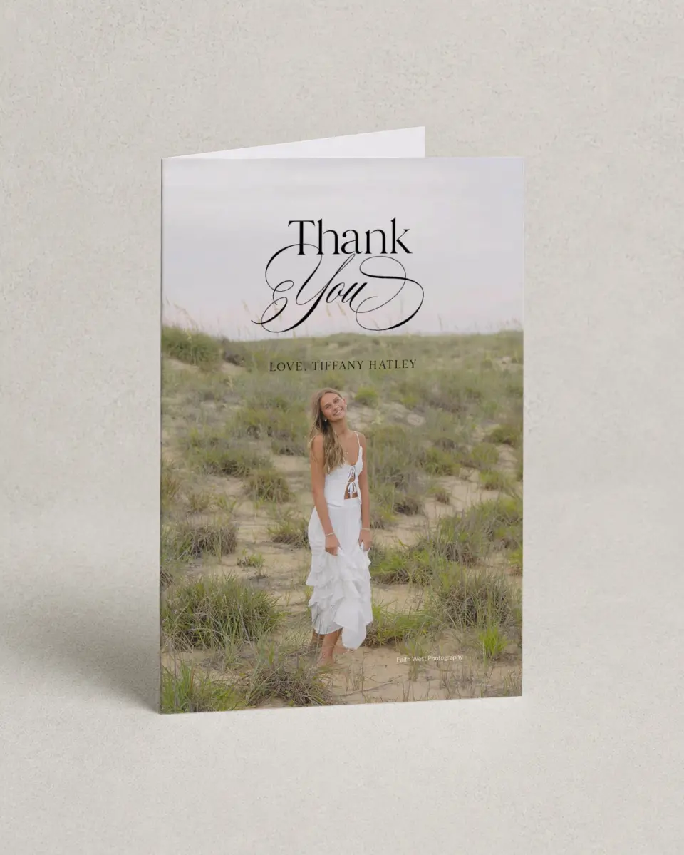 This is a 4" x 6" Folded Graduation Thank You Card called Graduate Script printed in full color on Premium Smooth paper